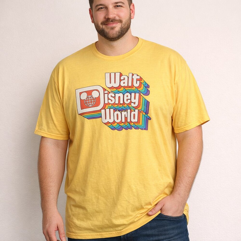 Walt Disney World Parks Adult XXL Yellow Old School Retro 70s Logo Graphic Tee